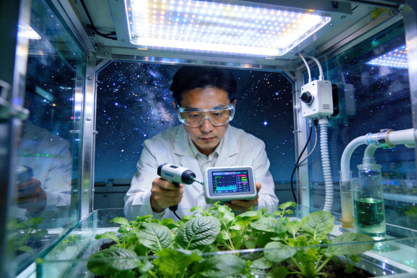 科学家在模拟太空环境的封闭生态系统中进行植物栽培实验