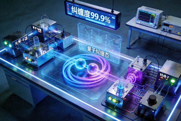 量子通信技术实验室设备，展示量子纠缠现象