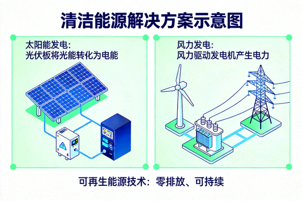 清洁能源解决方案示意图，展示太阳能、风能等可再生能源技术