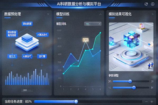 人工智能驱动的科研平台界面，展示数据分析与模拟过程