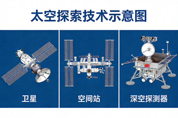 太空探索技术示意图，展示卫星、空间站和深空探测器
