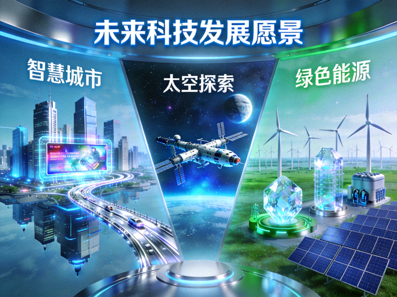 未来科技发展愿景图，展示智慧城市、太空探索和绿色能源等前沿领域
